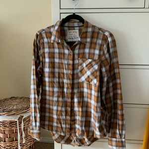 Plaid button up, size Medium.  Color is cream, mustard/brown.